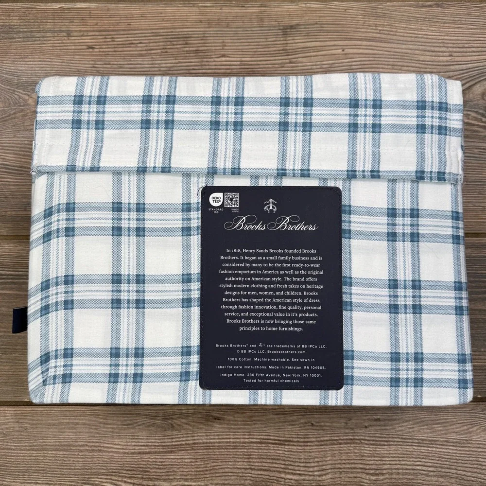 Brooks Brothers Queen Sheet Set Blue White Plaid 100% Cotton 4pc‎ New